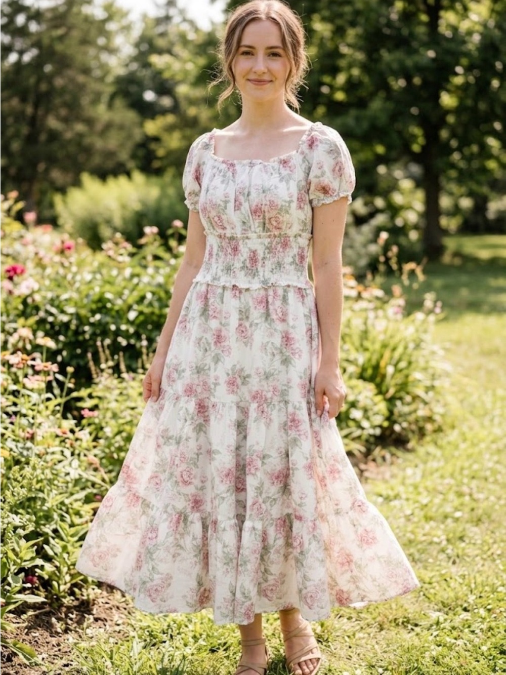 Trixxi Floral Smocked Tiered Maxi Dress Pink Roses Off Shoulder Milkmaid Sz L